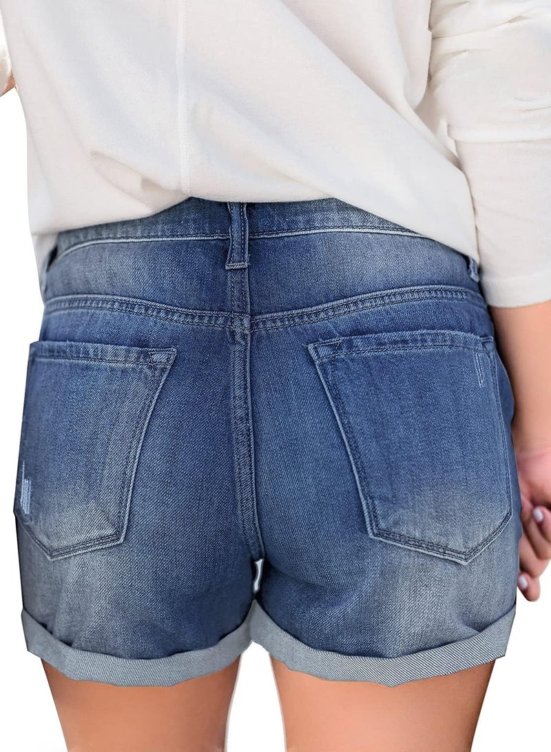 LookbookStore Denim Shorts for Women High Waisted Casual Summer Shorts 3 Inch Inseam 2024 Ripped Folded Hem Distressed Denim Jean Shorts Navy Peony Size M Stretchy Denim Shorts Size 8 Size 10 - Image 2